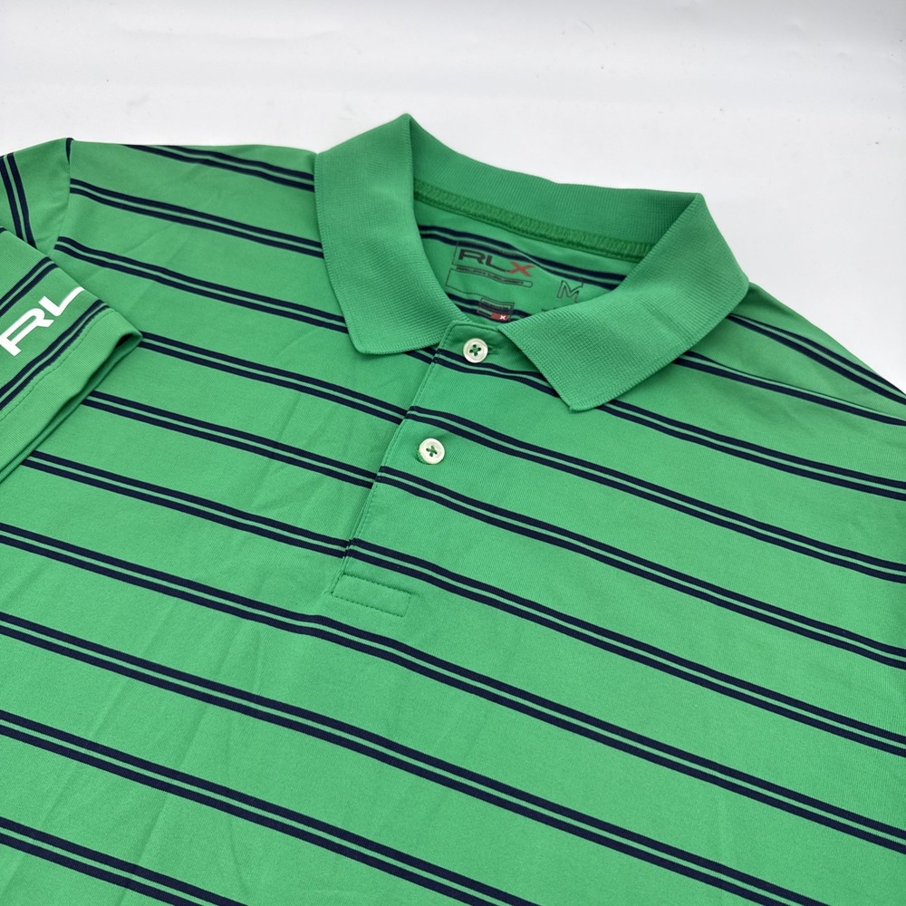 RLX Ralph Lauren Golf Polo Shirt Mens Medium Blue Green Striped Performance